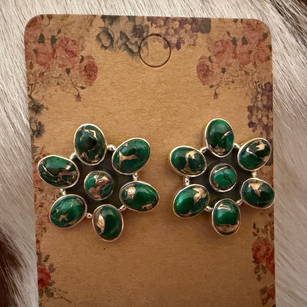 Green Floral Cluster Earrings with Gold Vein Accents - Picture 7 of 11